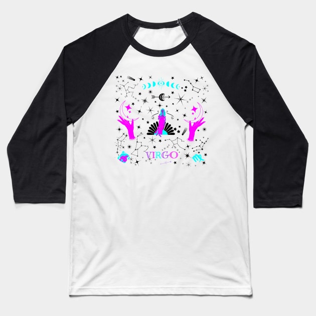 Virgo Zodiac Design Black Stars Baseball T-Shirt by Pink Syrup Workshop